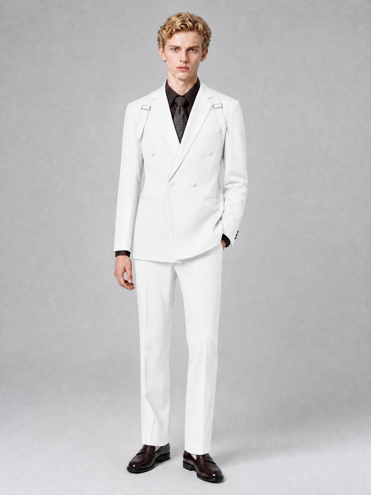 Men's Light White Double-Breasted Slim Fit 2-Piece Suit – Peak Lapel Wedding & Business Formal Set - White - White_2