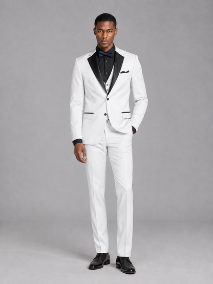 Savile Men's White Contrast Shawl Lapel Tuxedo Suit – 3-Piece Wedding, Prom & Black-Tie Formal Set - White - White_2