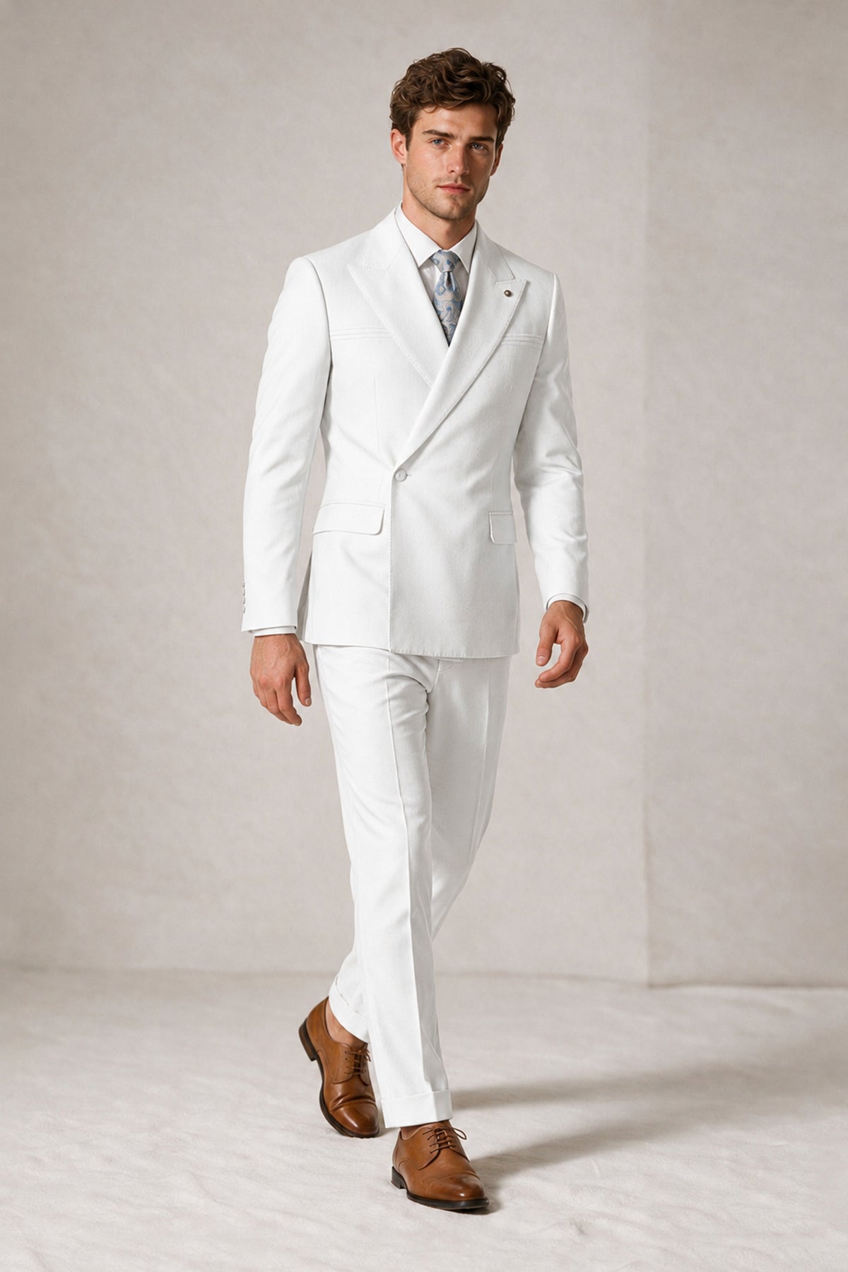 Savile Men's White Double-Breasted Slim Fit 2-Piece Suit Set – Peak Lapel Blazer & Cuffed Trousers | Wedding Prom Formal - White