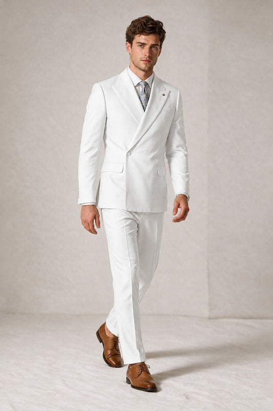 Savile Men's White Double-Breasted Slim Fit 2-Piece Suit Set – Peak Lapel Blazer & Cuffed Trousers | Wedding Prom Formal - White