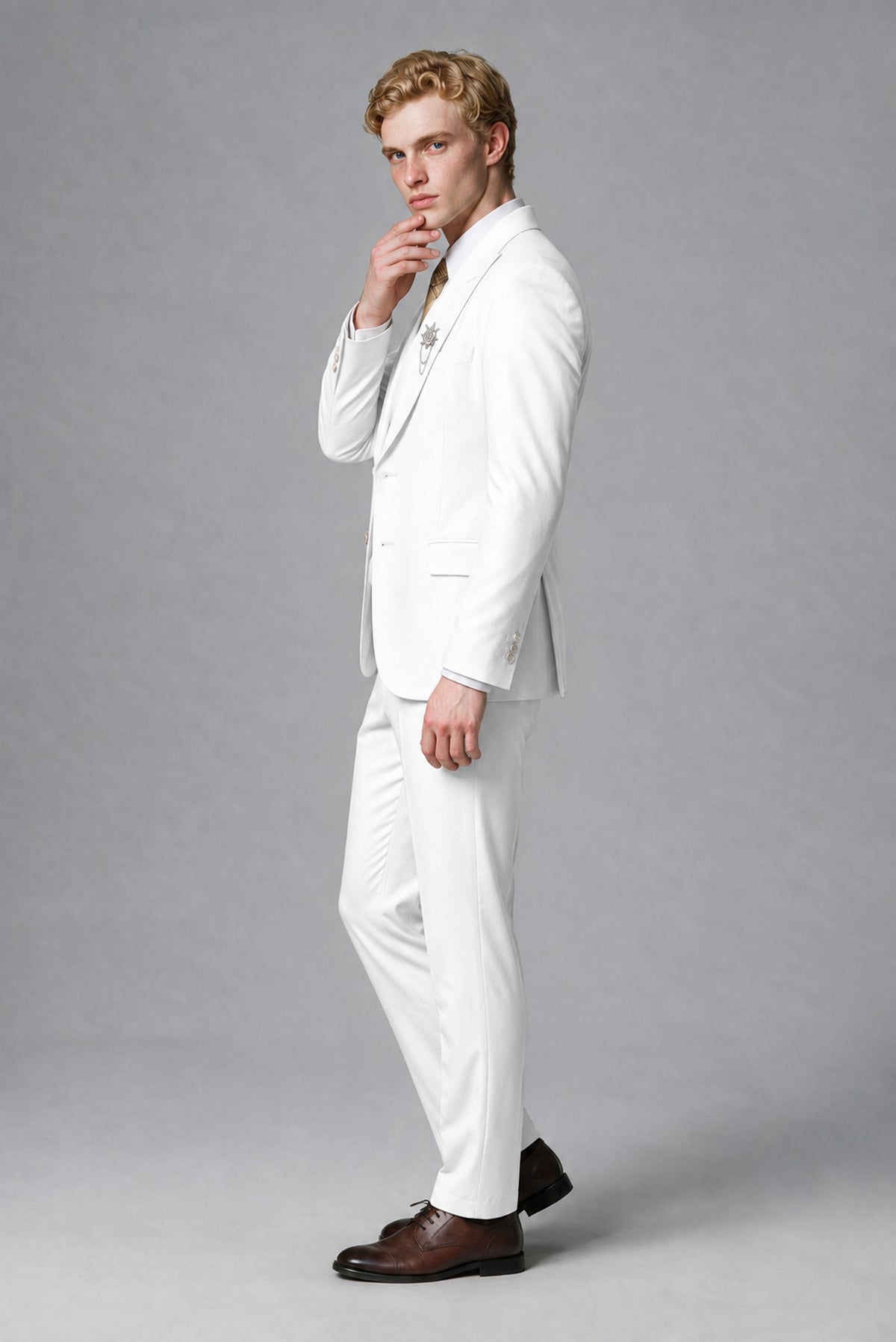 Savile Men's White Three-Piece Wedding Suit with Double-Breasted Waistcoat - White