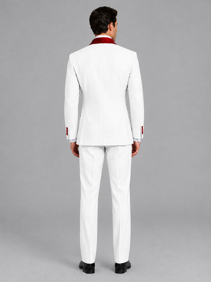 Savile Men's White 3-Piece Tuxedo Suit Set – Contrast Red Shawl Lapel Blazer, Red Waistcoat & Trousers - SUC020 - White