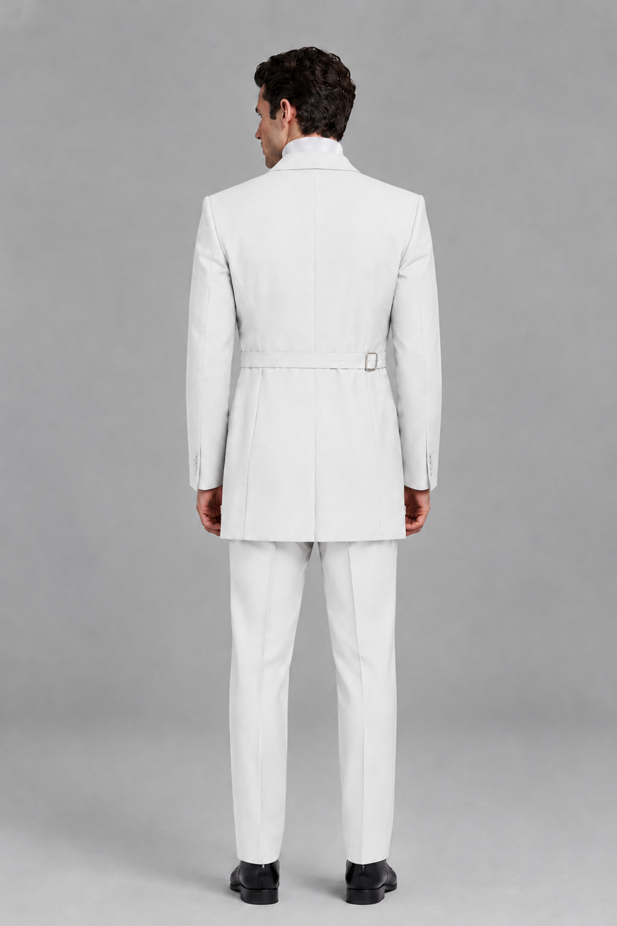 Savile Men's White Double Buckle Wrap Belted 2-Piece Suit Set – Peak Lapel Slim-Fit Jacket & Trousers - White - White_3