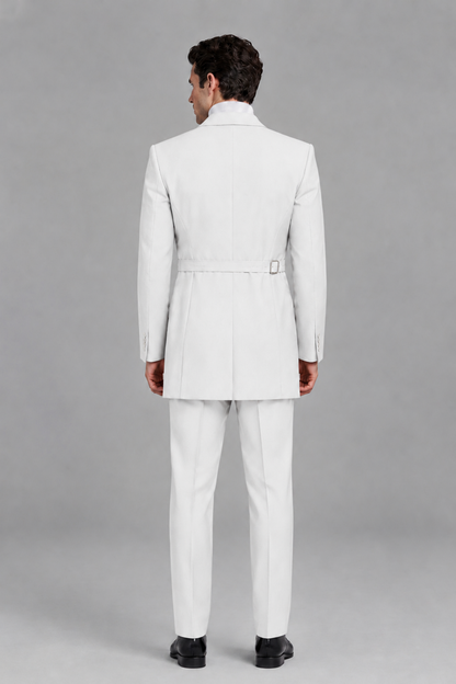 Savile Men's White Double Buckle Wrap Belted 2-Piece Suit Set – Peak Lapel Slim-Fit Jacket & Trousers - White - White_3