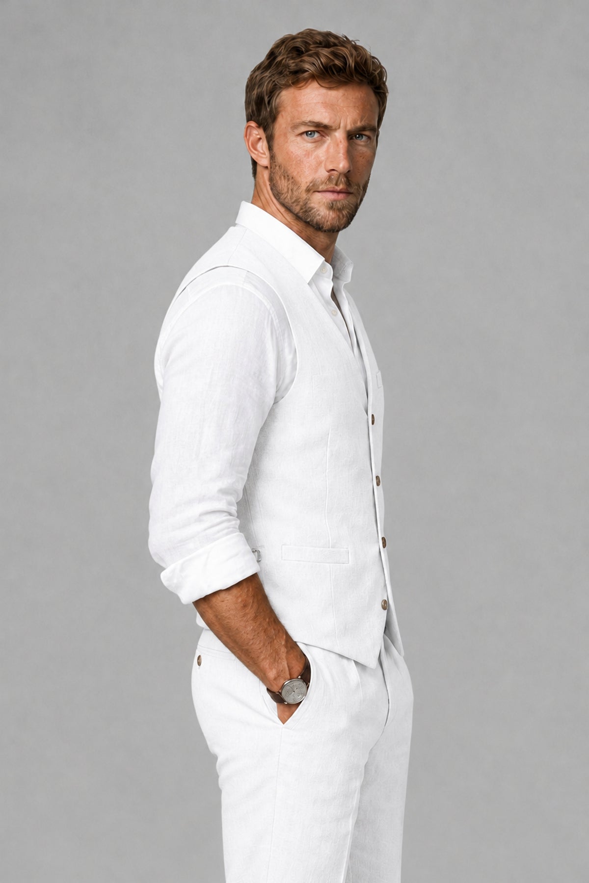 Men's White Linen Blend Single-Breasted V-Neck Suit Vest | Savile QX0101 - White