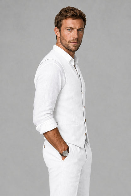Men's White Linen Blend Single-Breasted V-Neck Suit Vest | Savile QX0101 - White