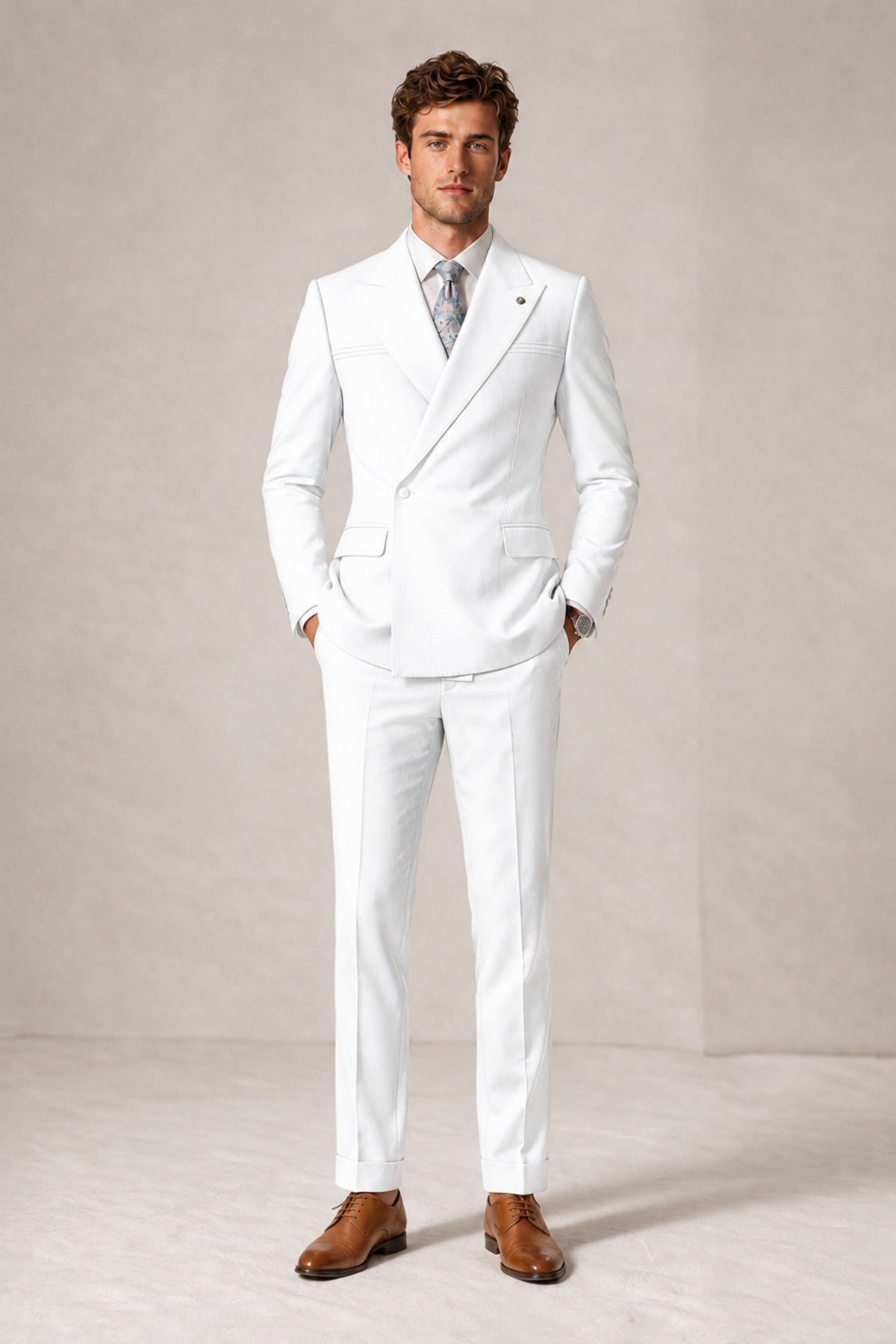 Savile Men's White Double-Breasted Slim Fit 2-Piece Suit Set – Peak Lapel Blazer & Cuffed Trousers | Wedding Prom Formal - White