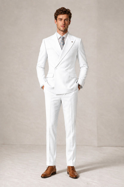 Savile Men's White Double-Breasted Slim Fit 2-Piece Suit Set – Peak Lapel Blazer & Cuffed Trousers | Wedding Prom Formal - White
