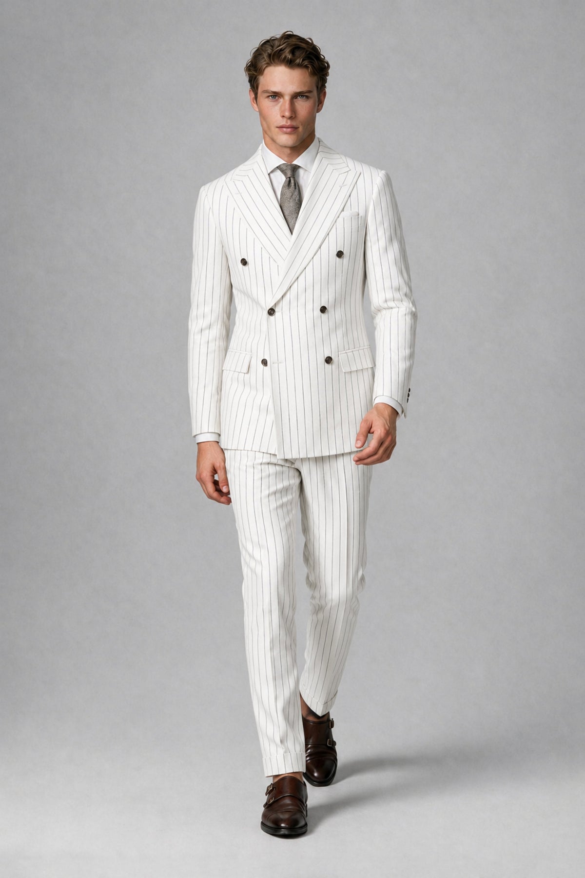 Savile Men's White Pinstripe Double-Breasted 2-Piece Suit – Jacket & Trousers | QX0102 - White