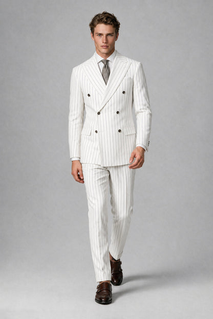 Savile Men's White Pinstripe Double-Breasted 2-Piece Suit – Jacket & Trousers | QX0102 - White