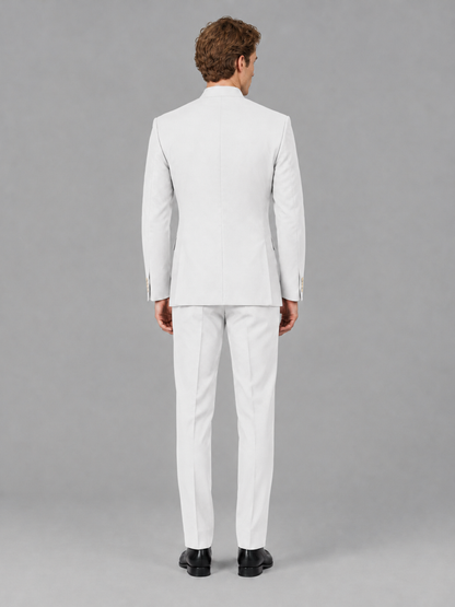Savile Men's White Mandarin Collar Asymmetrical 2-Piece Suit Set – Modern Jacket & Trousers - White - White_3