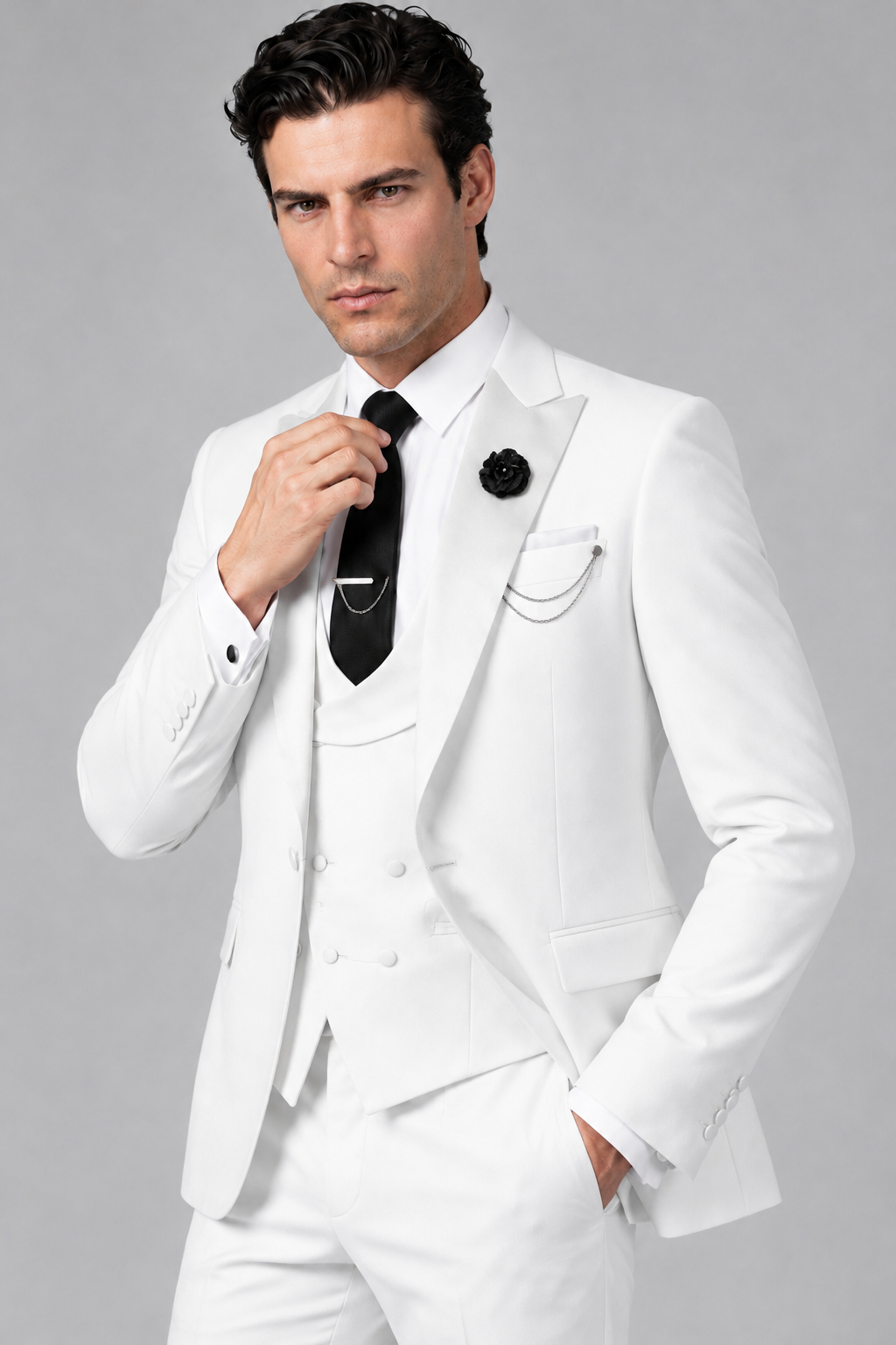 Savile Men's White 3-Piece Tuxedo Suit – Contrast Silver Peak Lapel & Grey Vest Formal Set - White - White_3