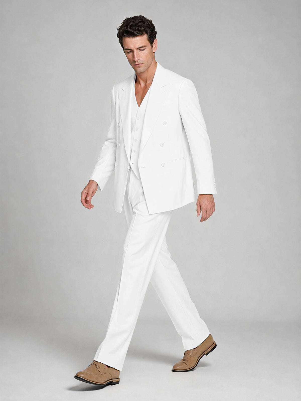 Men's White Double-Breasted 2-Piece Suit – Peak Lapel Wedding & Beach Formal Set with Vest - White