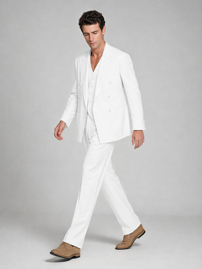 Men's White Double-Breasted 2-Piece Suit – Peak Lapel Wedding & Beach Formal Set with Vest - White