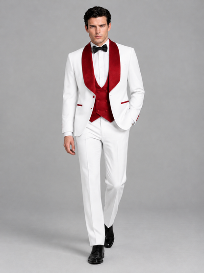 Savile Men's White 3-Piece Tuxedo Suit Set – Contrast Red Shawl Lapel Blazer, Red Waistcoat & Trousers - SUC020 - White