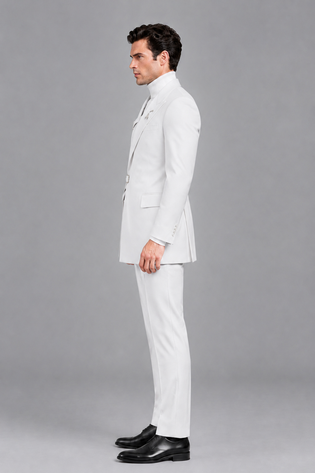 Savile Men's White Double Buckle Wrap Belted 2-Piece Suit Set – Peak Lapel Slim-Fit Jacket & Trousers - White - White_4