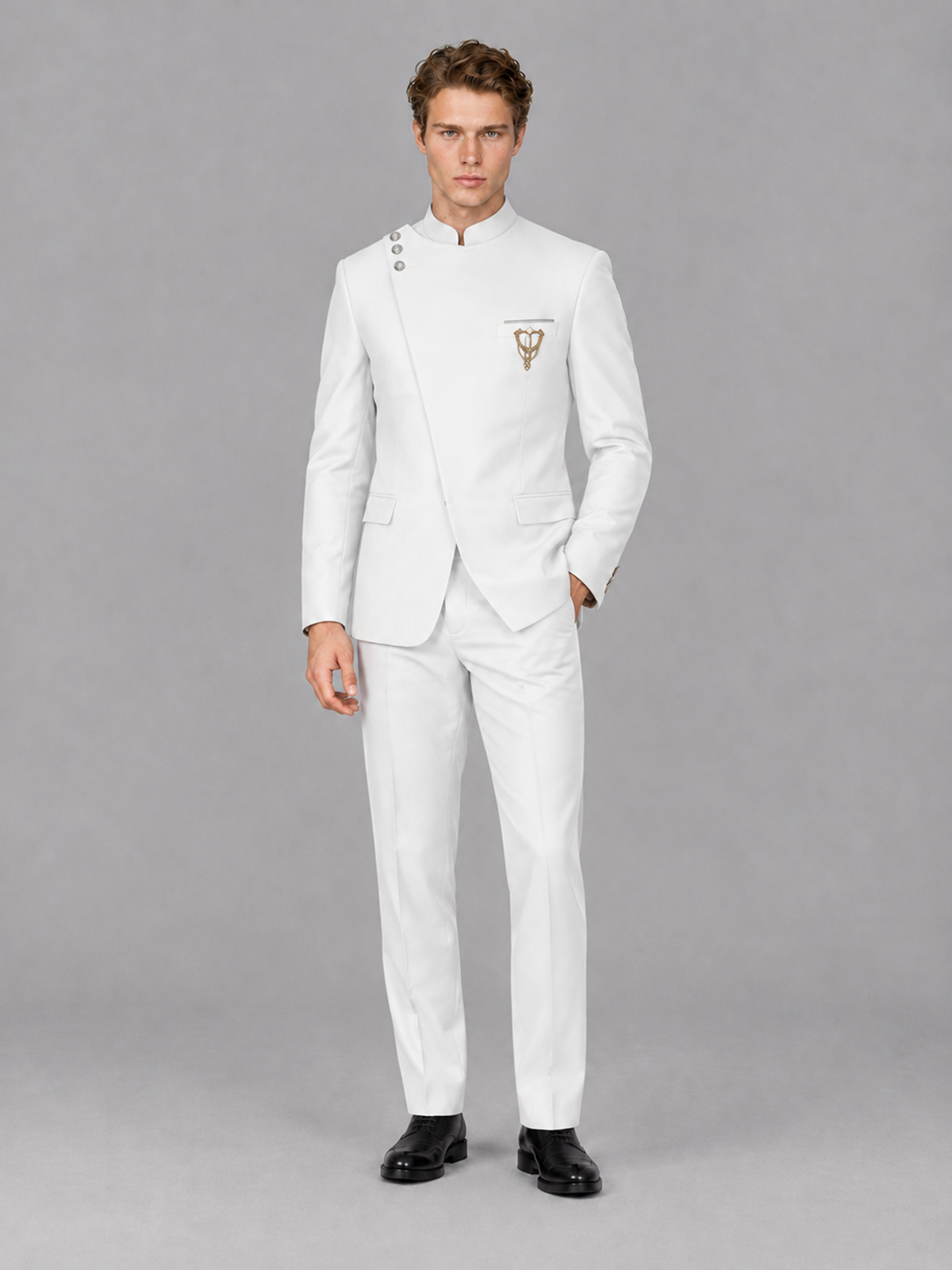 Savile Men's White Mandarin Collar Asymmetrical 2-Piece Suit Set – Modern Jacket & Trousers - White - White_4