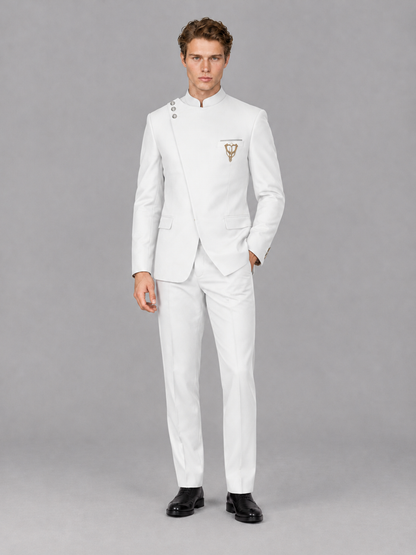 Savile Men's White Mandarin Collar Asymmetrical 2-Piece Suit Set – Modern Jacket & Trousers - White - White_4