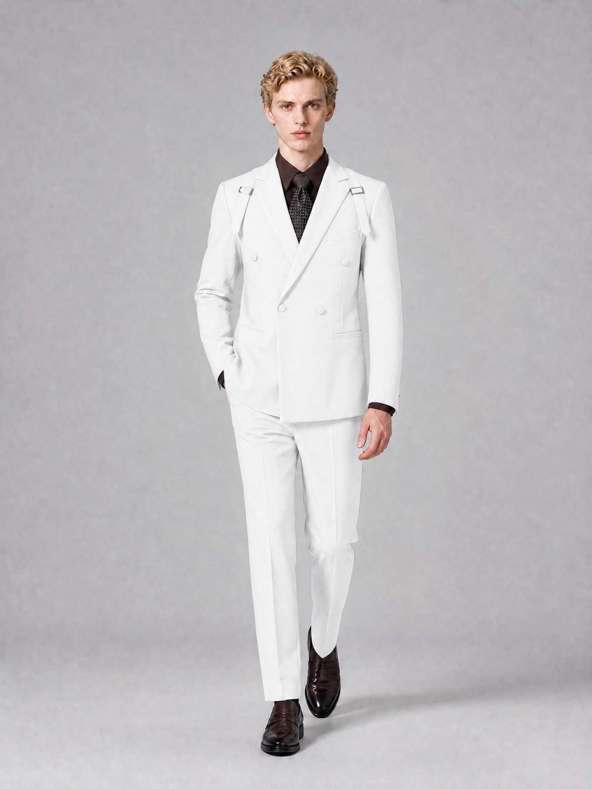 Men's Light White Double-Breasted Slim Fit 2-Piece Suit – Peak Lapel Wedding & Business Formal Set - White - White_4