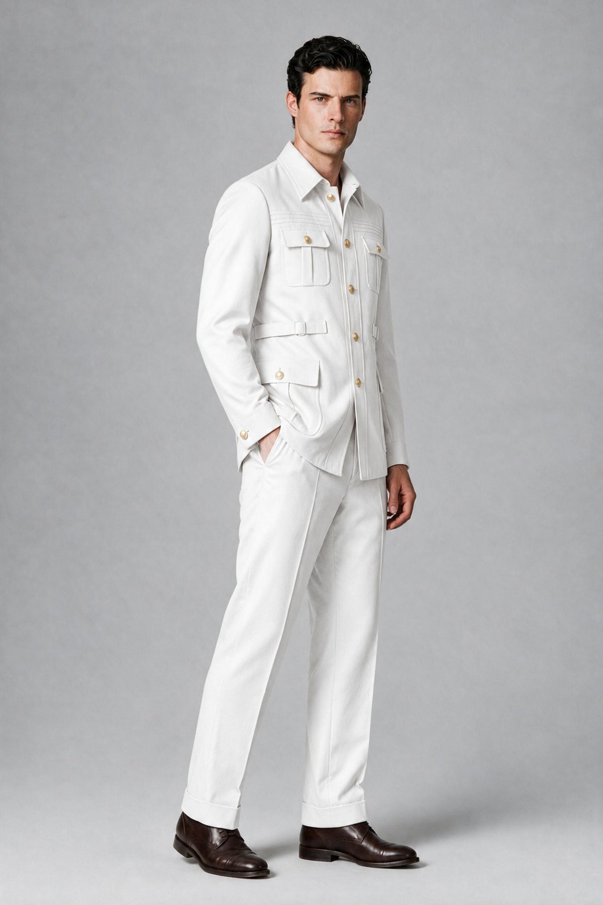Savile White Safari Jacket & Trousers Two-Piece Men's Suit - White