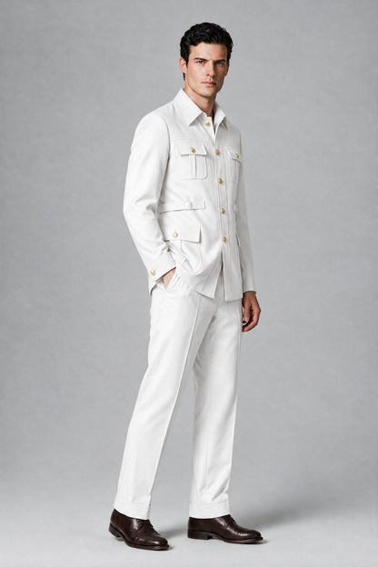 Savile White Safari Jacket & Trousers Two-Piece Men's Suit - White