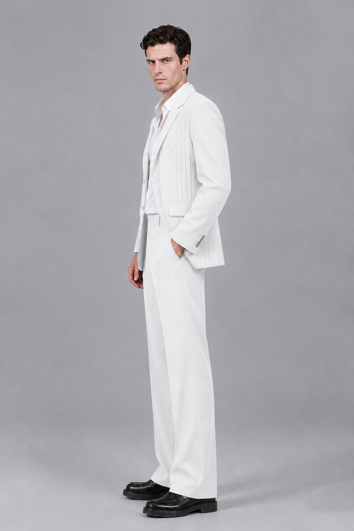Savile Men's White Pleated 2-Piece Suit Set | Notch Lapel Blazer & Tailored Trousers - White - White_4