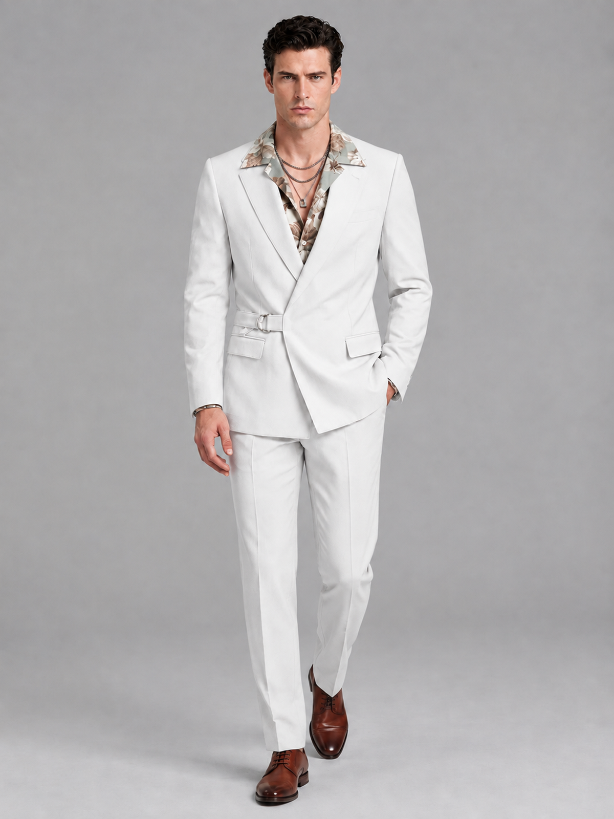 Savile Men's White Belted Wrap 2-Piece Suit – Peak Lapel Blazer & Tailored Trousers - SUC060 - White - White_4