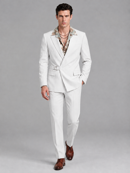 Savile Men's White Belted Wrap 2-Piece Suit – Peak Lapel Blazer & Tailored Trousers - SUC060 - White - White_4