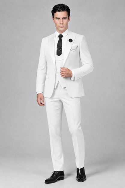 Savile Men's White 3-Piece Tuxedo Suit – Contrast Silver Peak Lapel & Grey Vest Formal Set - White - White_4