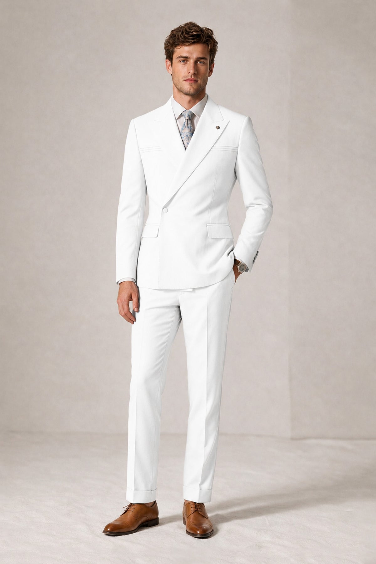 Savile Men's White Double-Breasted Slim Fit 2-Piece Suit Set – Peak Lapel Blazer & Cuffed Trousers | Wedding Prom Formal - White