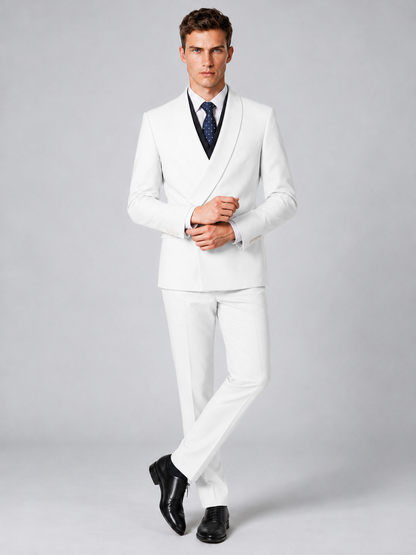 Savile Men's White Wrap Shawl Lapel 2-Piece Suit Set – Modern Jacket & Trousers - White - White_4