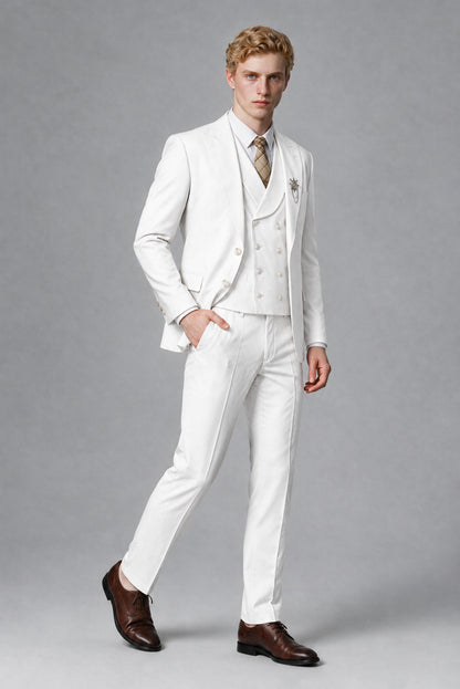 Savile Men's White Three-Piece Wedding Suit with Double-Breasted Waistcoat - White