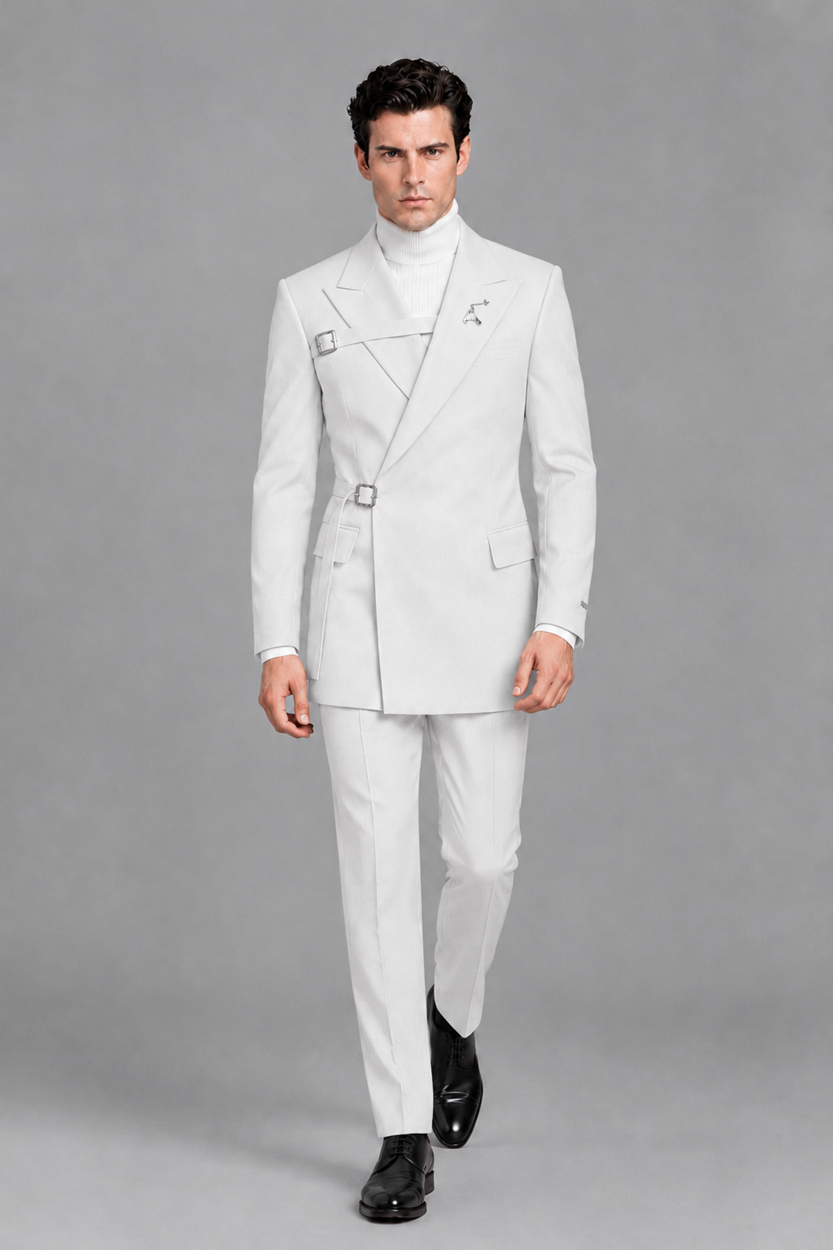 Savile Men's White Double Buckle Wrap Belted 2-Piece Suit Set – Peak Lapel Slim-Fit Jacket & Trousers - White - White_5