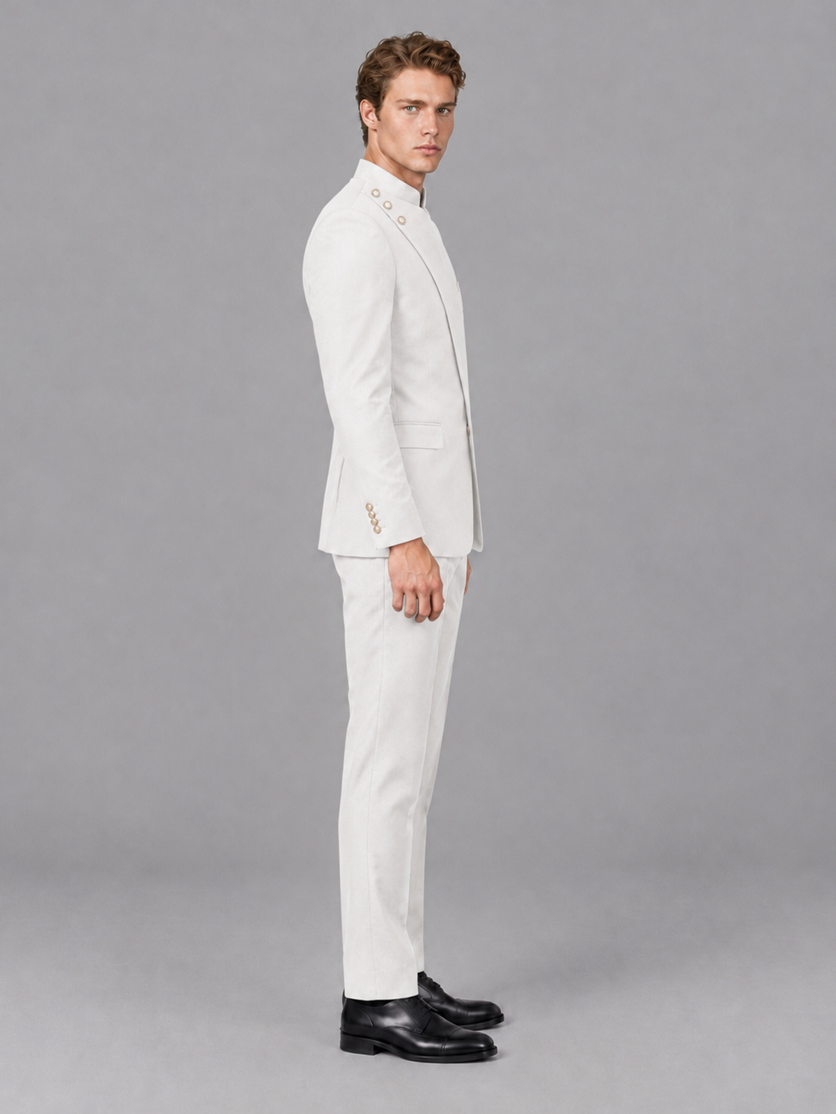 Savile Men's White Mandarin Collar Asymmetrical 2-Piece Suit Set – Modern Jacket & Trousers - White - White_5