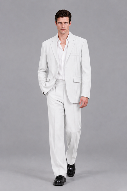 Savile Men's White Pleated 2-Piece Suit Set | Notch Lapel Blazer & Tailored Trousers - White - White_5