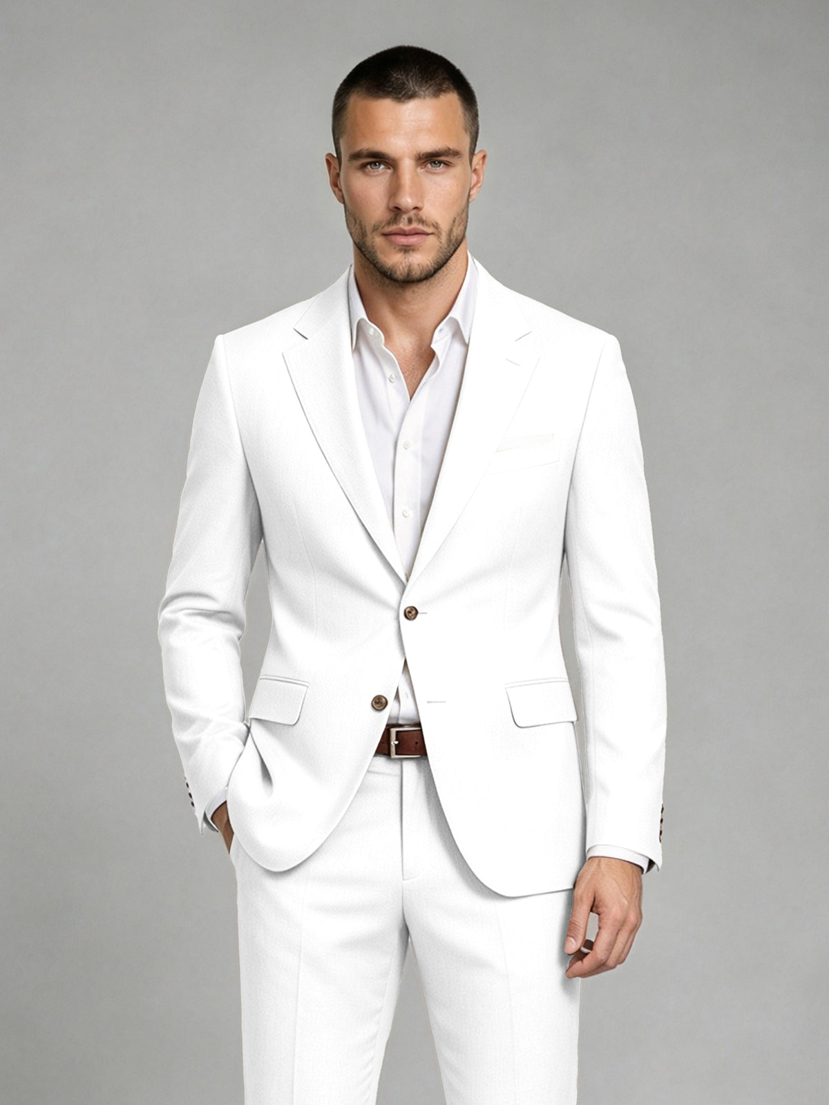Savile Men's Dark White Wool-Blend 2-Piece Suit Set – Two-Button Notch Lapel Slim-Fit Blazer & Turn-Up Trousers - White