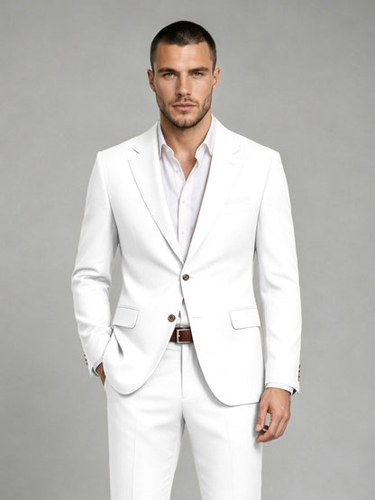 Savile Men's Dark White Wool-Blend 2-Piece Suit Set – Two-Button Notch Lapel Slim-Fit Blazer & Turn-Up Trousers - White
