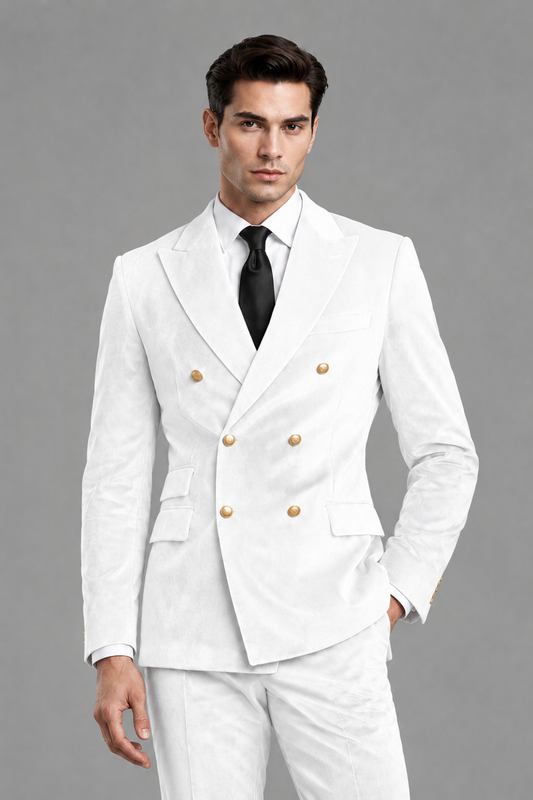 Savile Men's White Velvet Double-Breasted 2-Piece Suit Set | Peak Lapel Blazer & Trousers - White