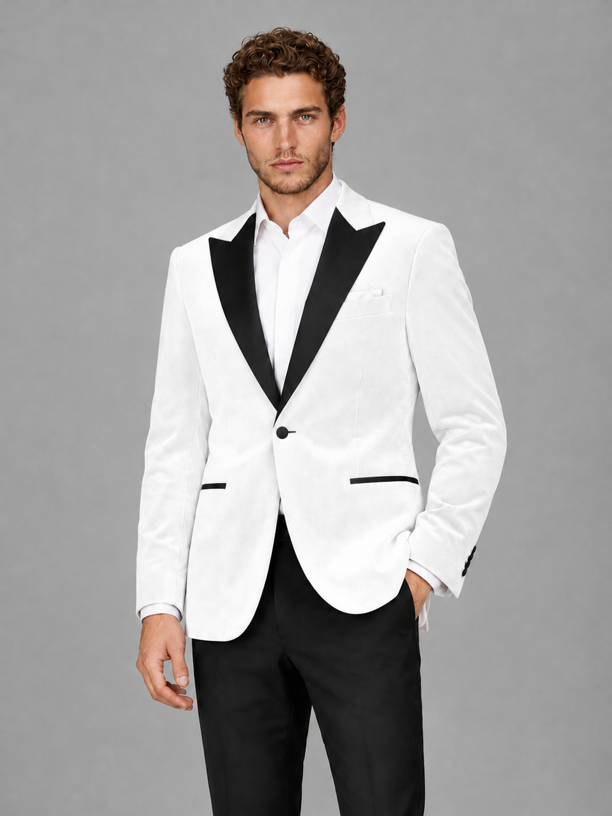 Savile Men's White Velvet Peak Lapel 2-Piece Tuxedo Suit Set | Jacket & Trousers - White