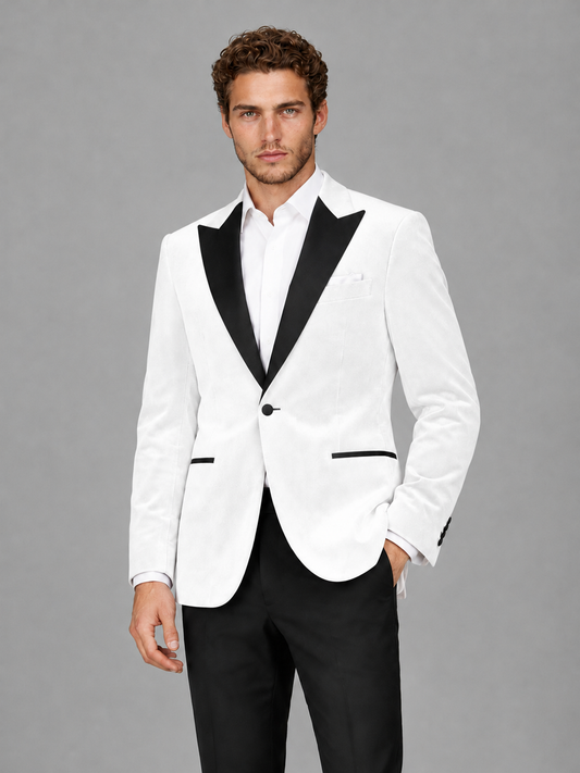 Savile Men's White Velvet Peak Lapel 2-Piece Tuxedo Suit Set | Jacket & Trousers - White