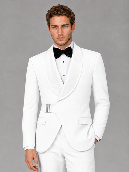 Savile Men's White Velvet Shawl Lapel Tuxedo Suit – Modern Side-Buckle Dinner Jacket & Trousers 2-Piece Set - White