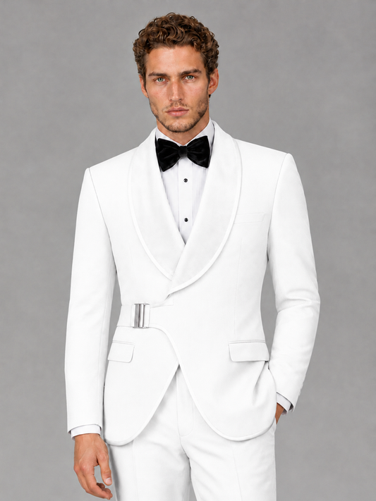 Savile Men's White Velvet Shawl Lapel Tuxedo Suit – Modern Side-Buckle Dinner Jacket & Trousers 2-Piece Set - White