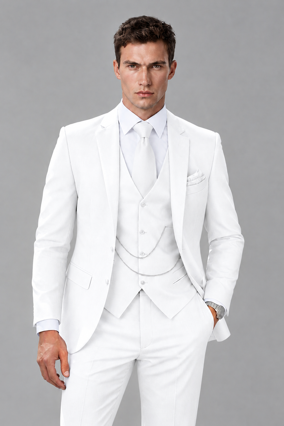 Savile White 3-Piece Suit with Notch Lapel & Chain Vest - White