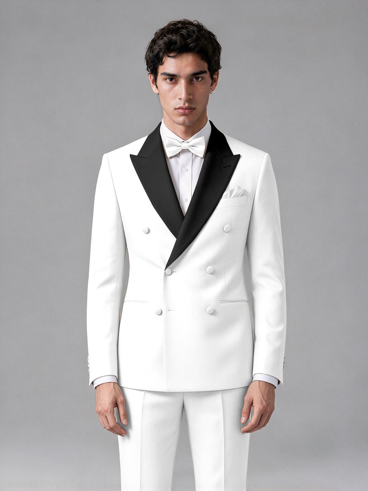 Men's White Double-Breasted Satin Peak Lapel Tuxedo Suit Set (Jacket + Trousers) - White