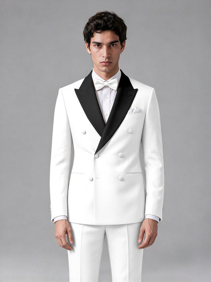 Men's White Double-Breasted Satin Peak Lapel Tuxedo Suit Set (Jacket + Trousers) - White
