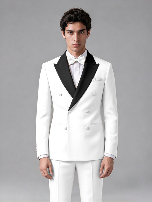 Men's White Double-Breasted Satin Peak Lapel Tuxedo Suit Set (Jacket + Trousers) - White