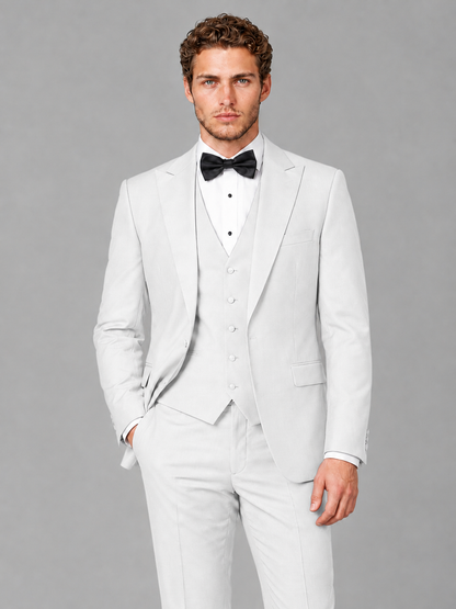 Savile Men's White Peak Lapel 3-Piece Tuxedo Suit | Jacket, Vest & Trousers - White