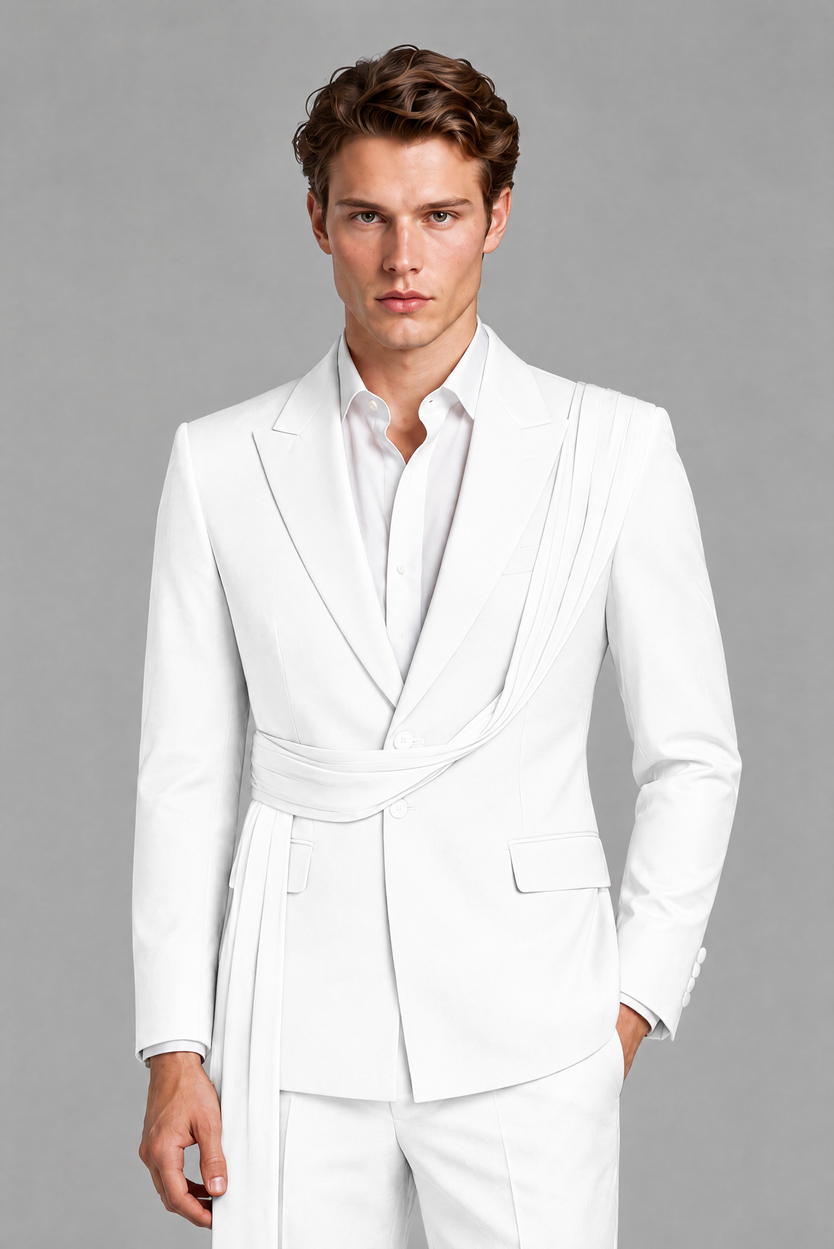 Men's White Draped Sash Suit – Peak Lapel 2-Piece Slim Fit Party, Gala & Wedding Set - White