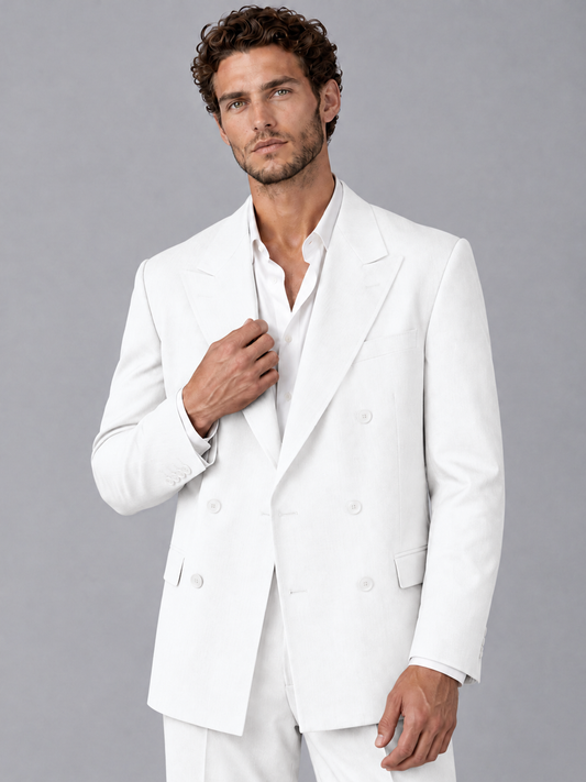 Savile White Beige Double-Breasted 2-Piece Suit with Peak Lapel - White