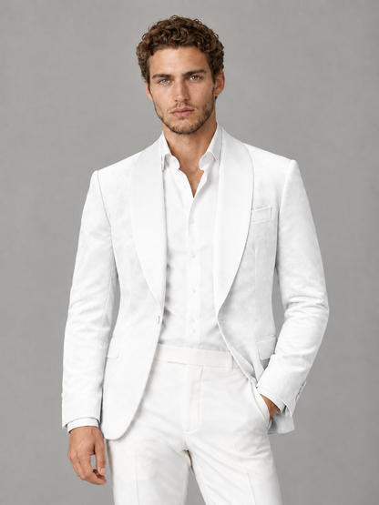 Savile Men's White Velvet Shawl Lapel 2-Piece Tuxedo Suit Set | Jacket & White Trousers - White - White (1)
